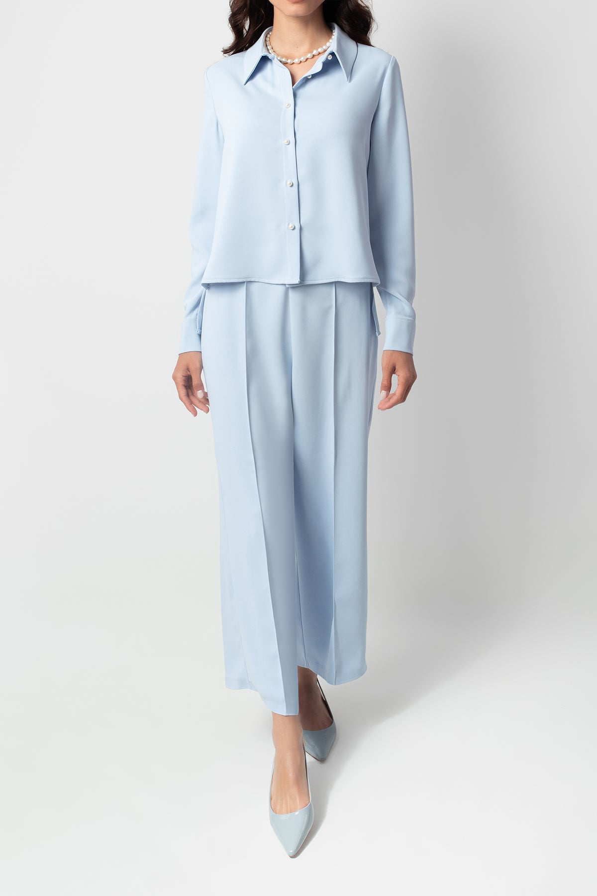 SEASONAL PEARL BUTTONED LONG SLEEVE BLUE SHIRT
