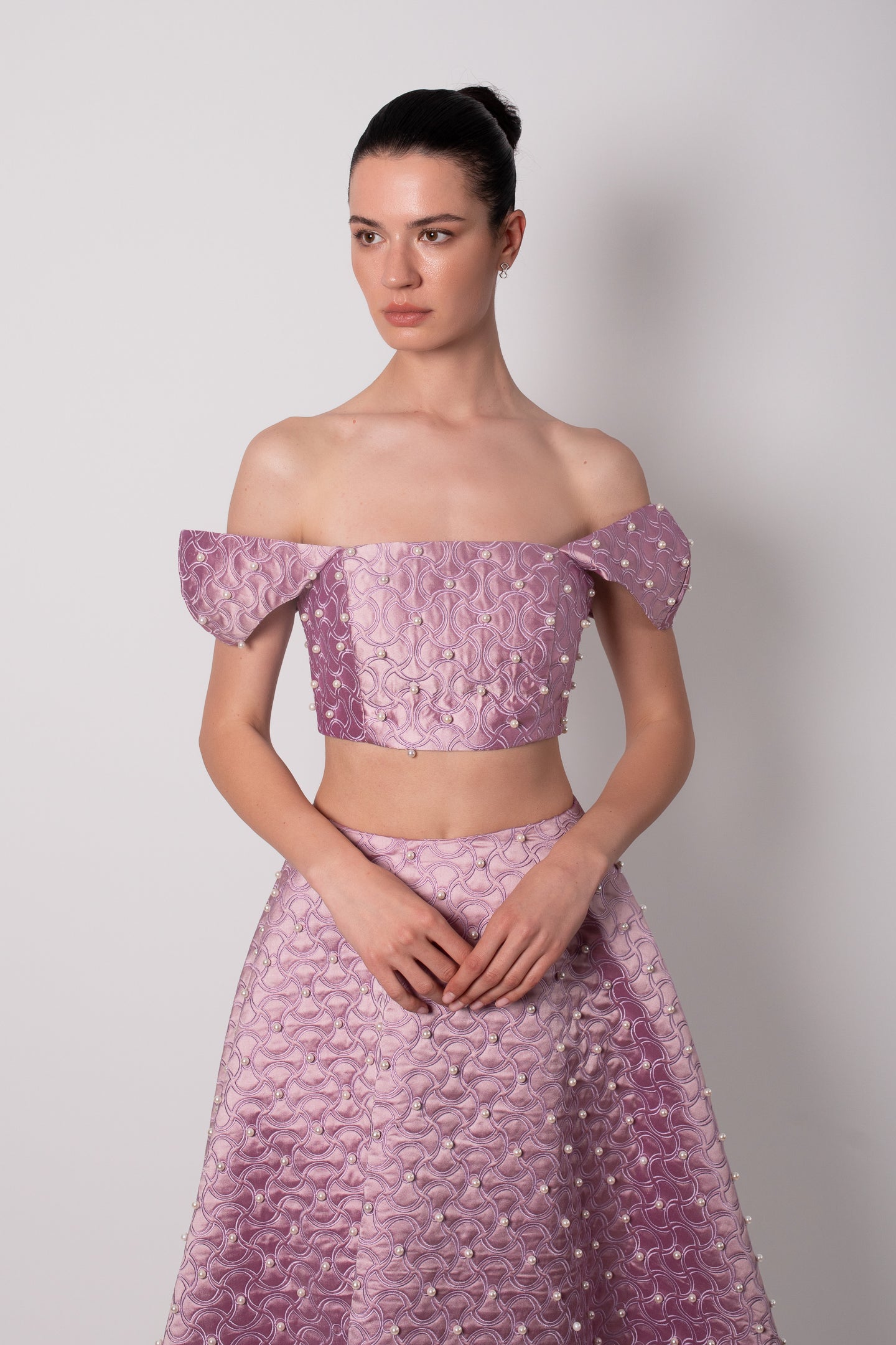 SHANTUNG SLEEVE DETAILED PURPLE BUSTIER WITH PEARLS