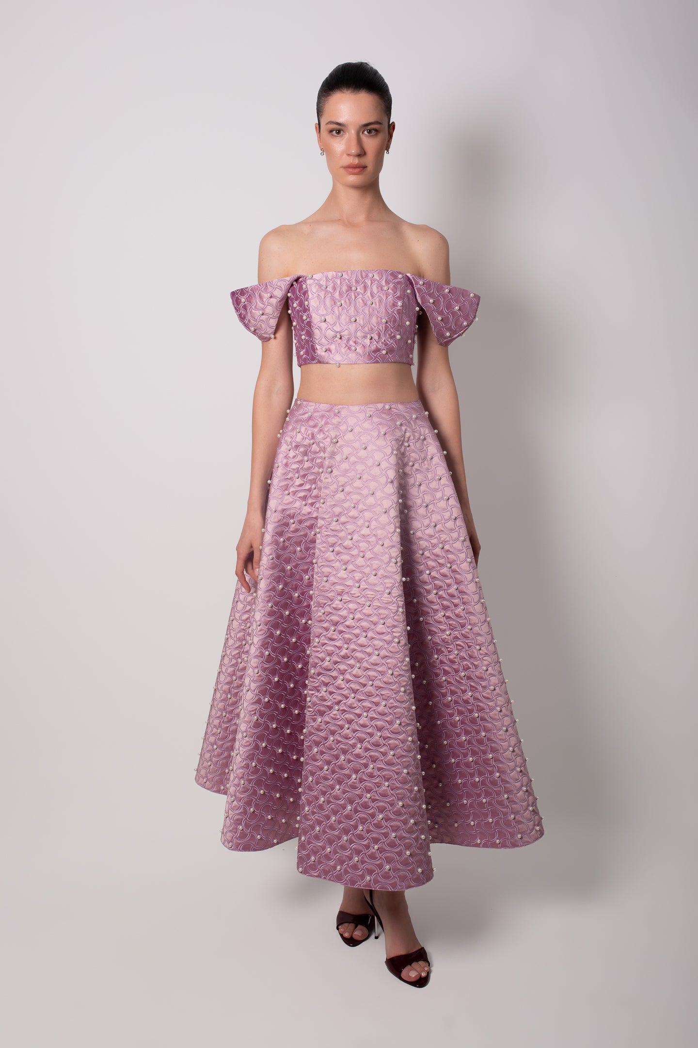 SHANTUNG PURPLE SKIRT WITH PEARLS