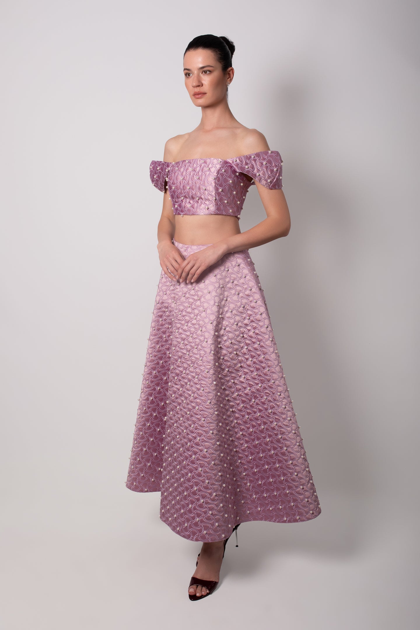 SHANTUNG PURPLE SKIRT WITH PEARLS
