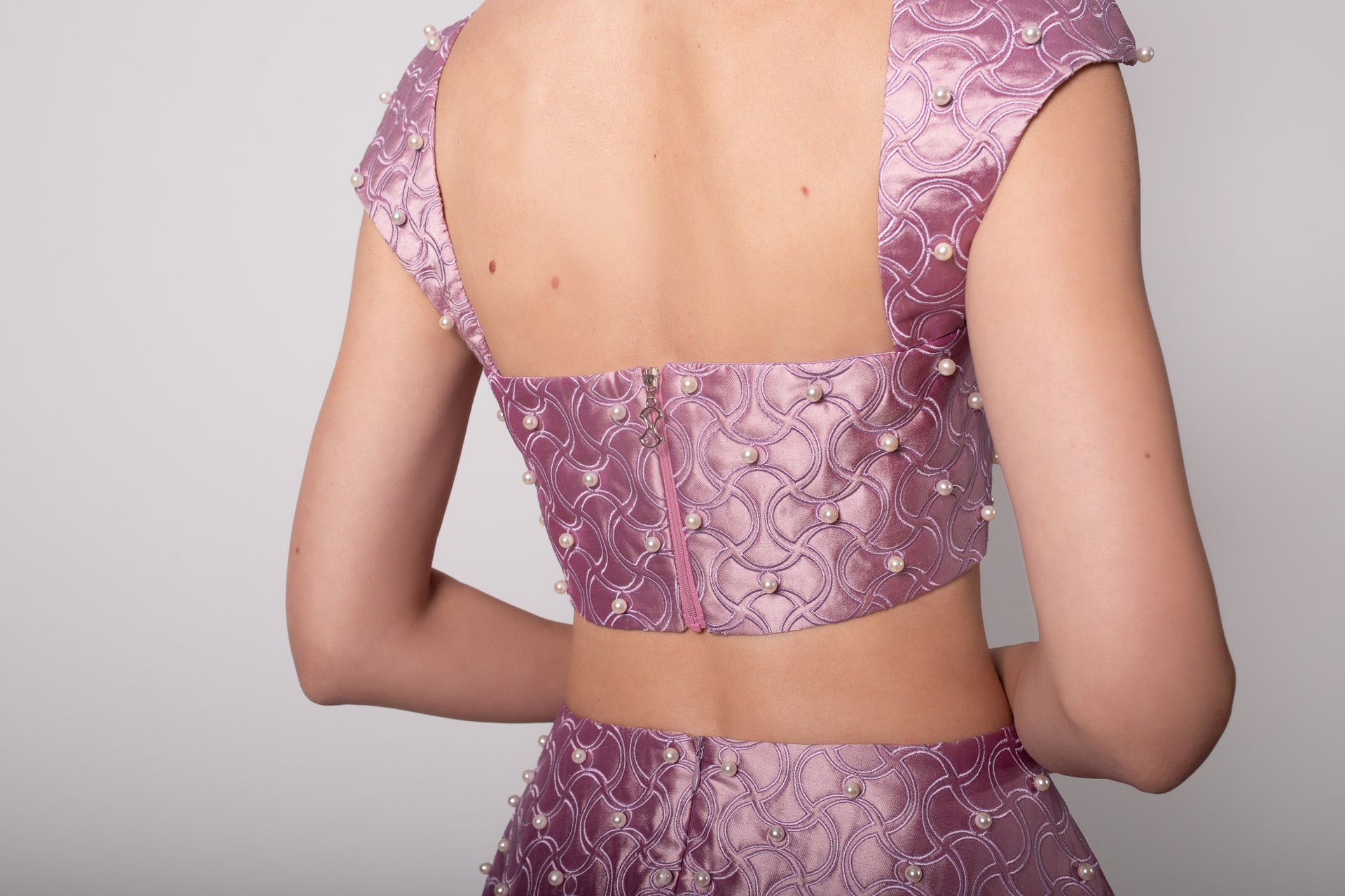 SHANTUNG SLEEVE DETAILED PURPLE BUSTIER WITH PEARLS