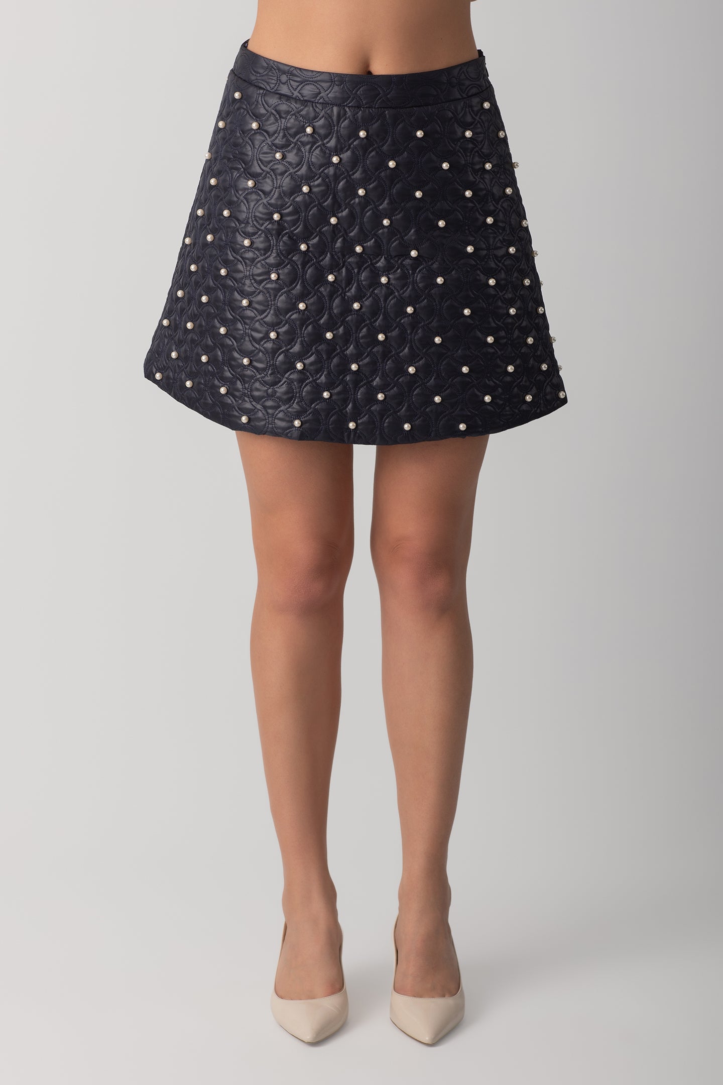 QUILTED NAVY BLUE SKIRT WITH PEARLS
