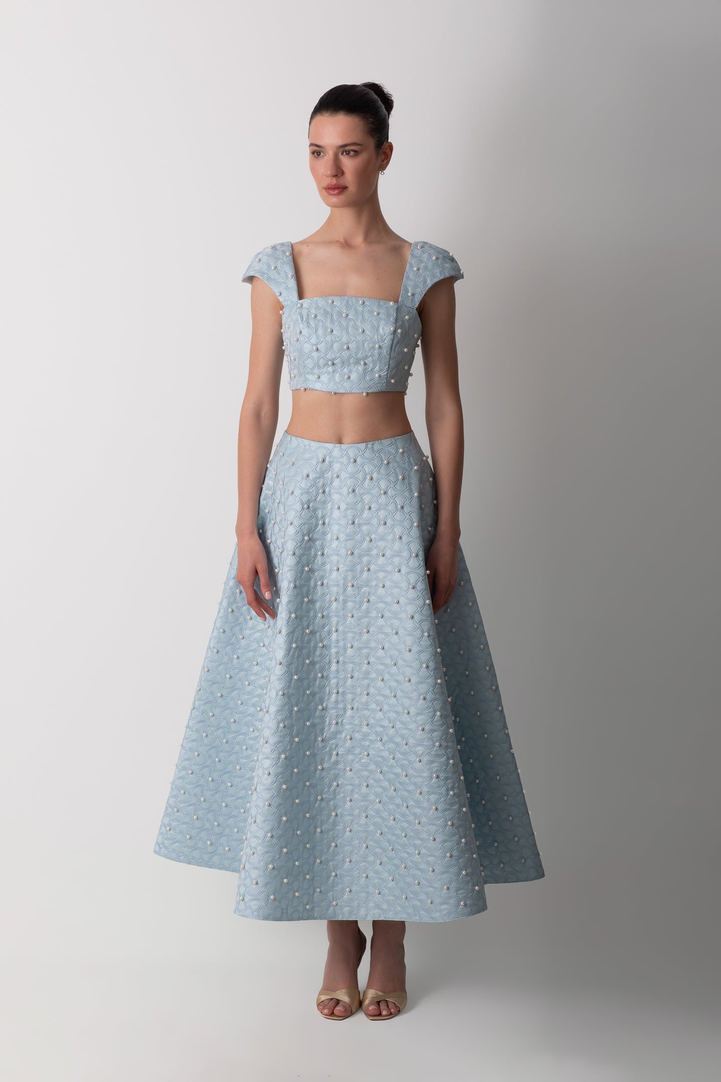 SHANTUNG BLUE SKIRT WITH PEARLS