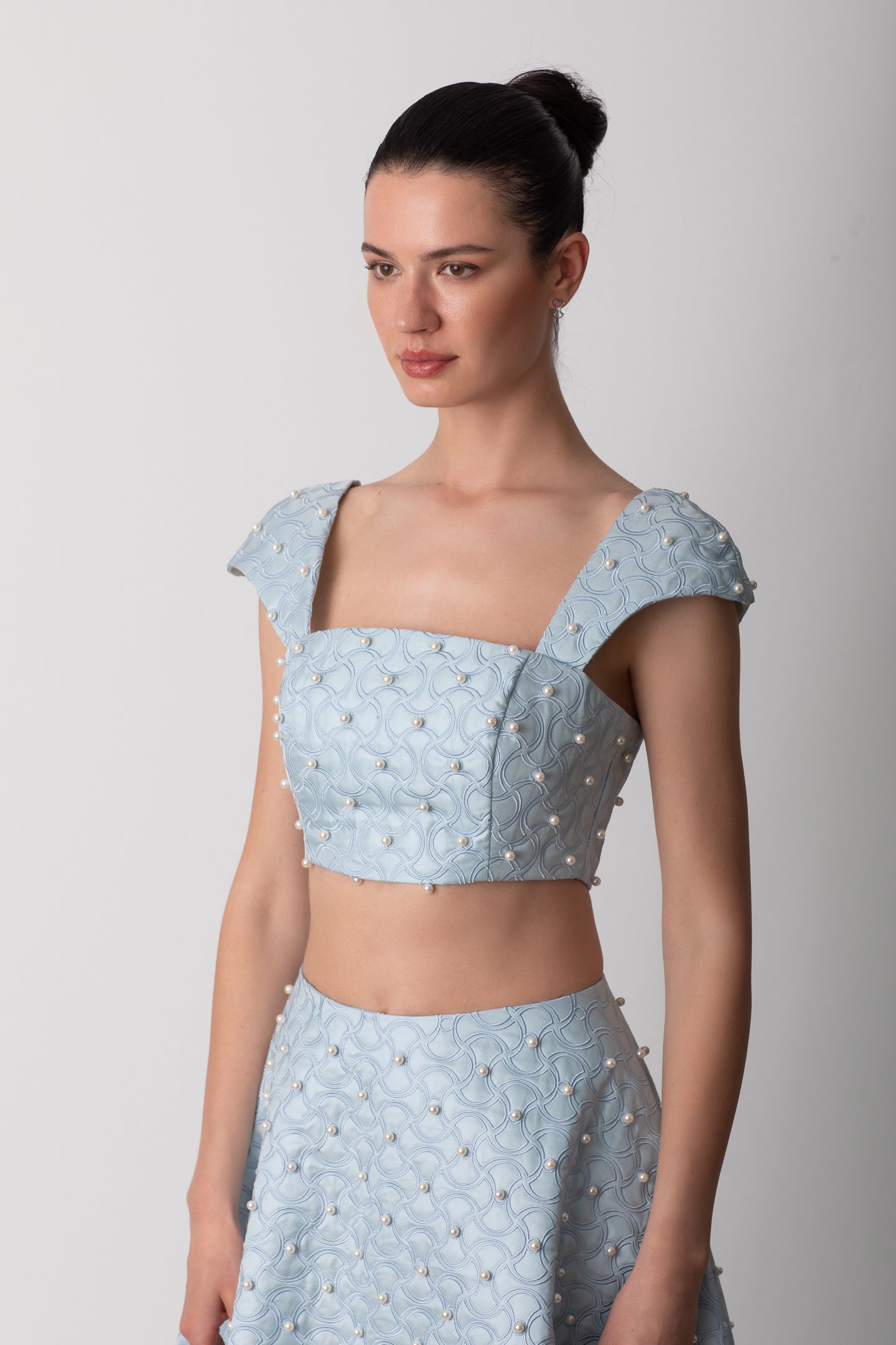 SHANTUNG SLEEVE DETAILED BLUE BUSTIER WITH PEARLS