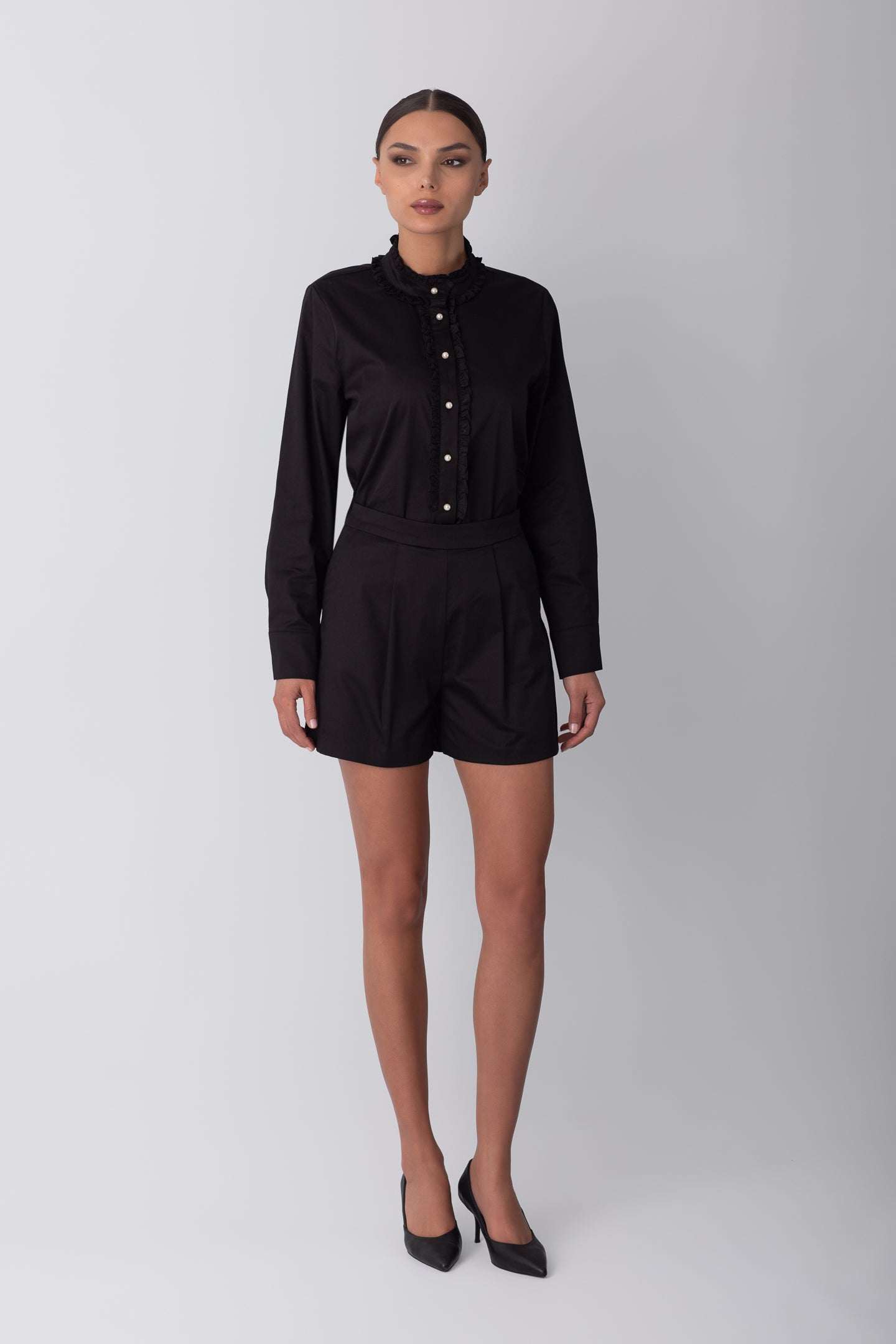RUFFLED POPLIN BLACK SHIRT