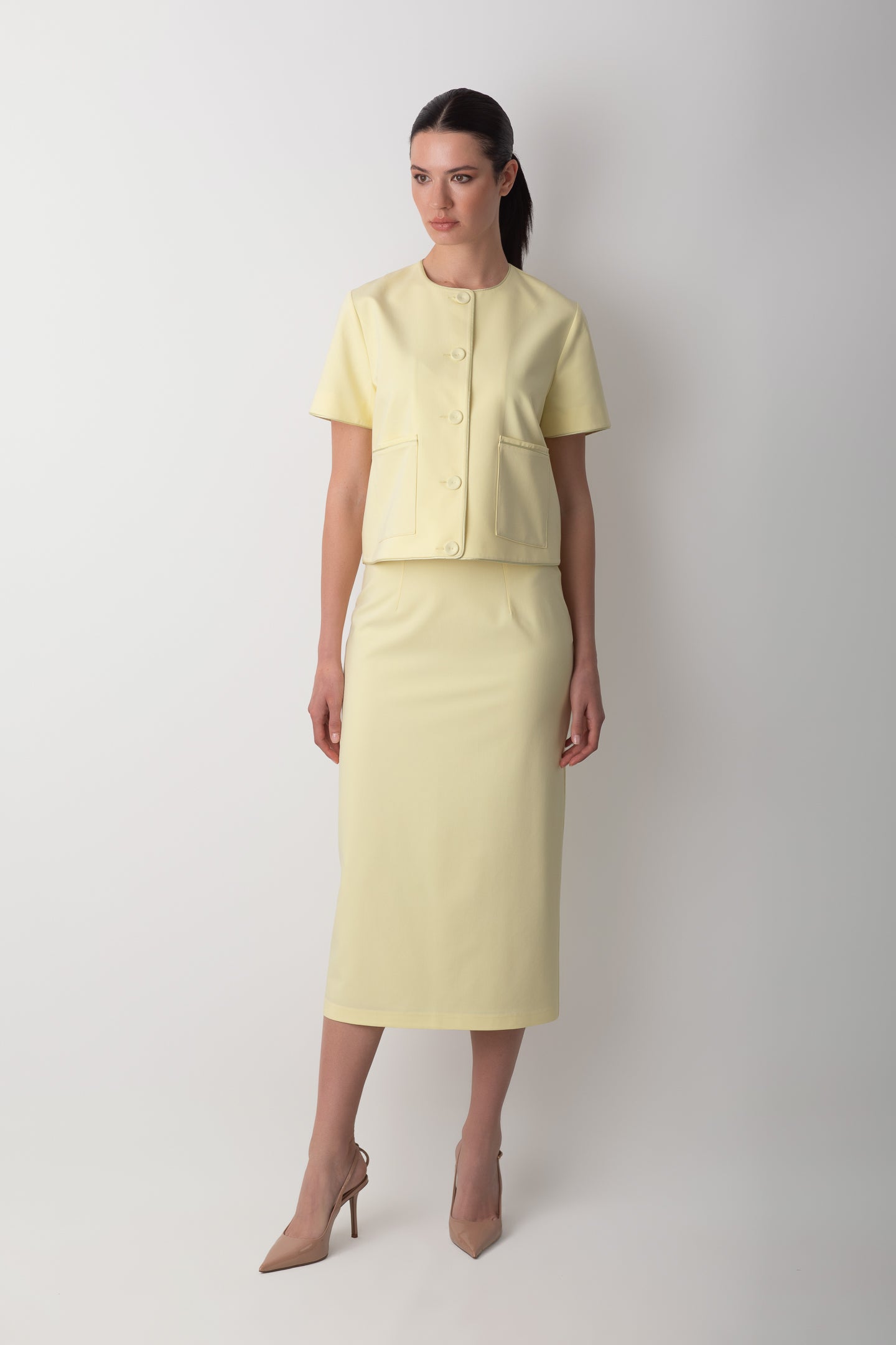 SLIT DETAILED YELLOW BUTTER MIDI TUBE SKIRT