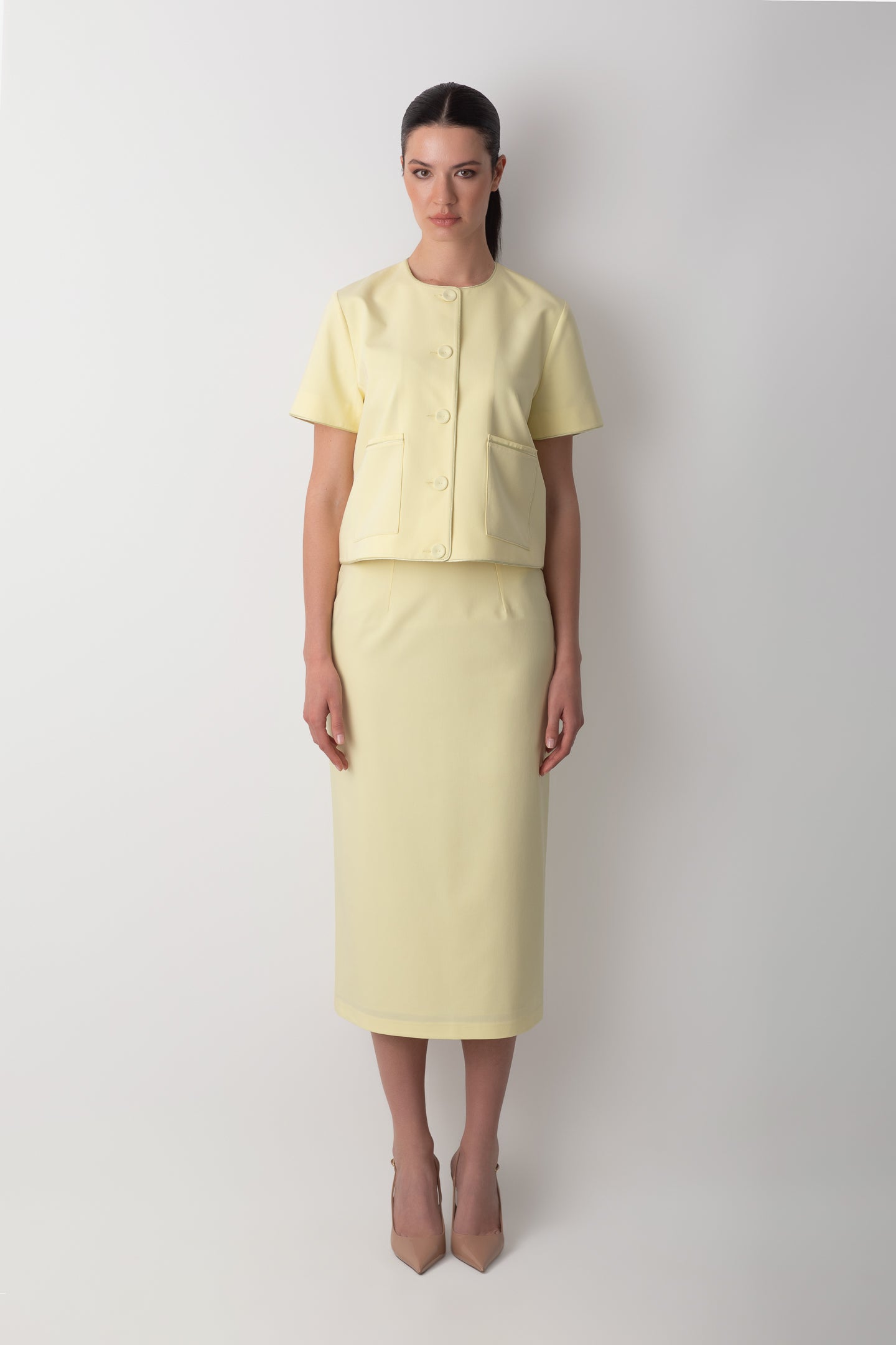 SLIT DETAILED YELLOW BUTTER MIDI TUBE SKIRT