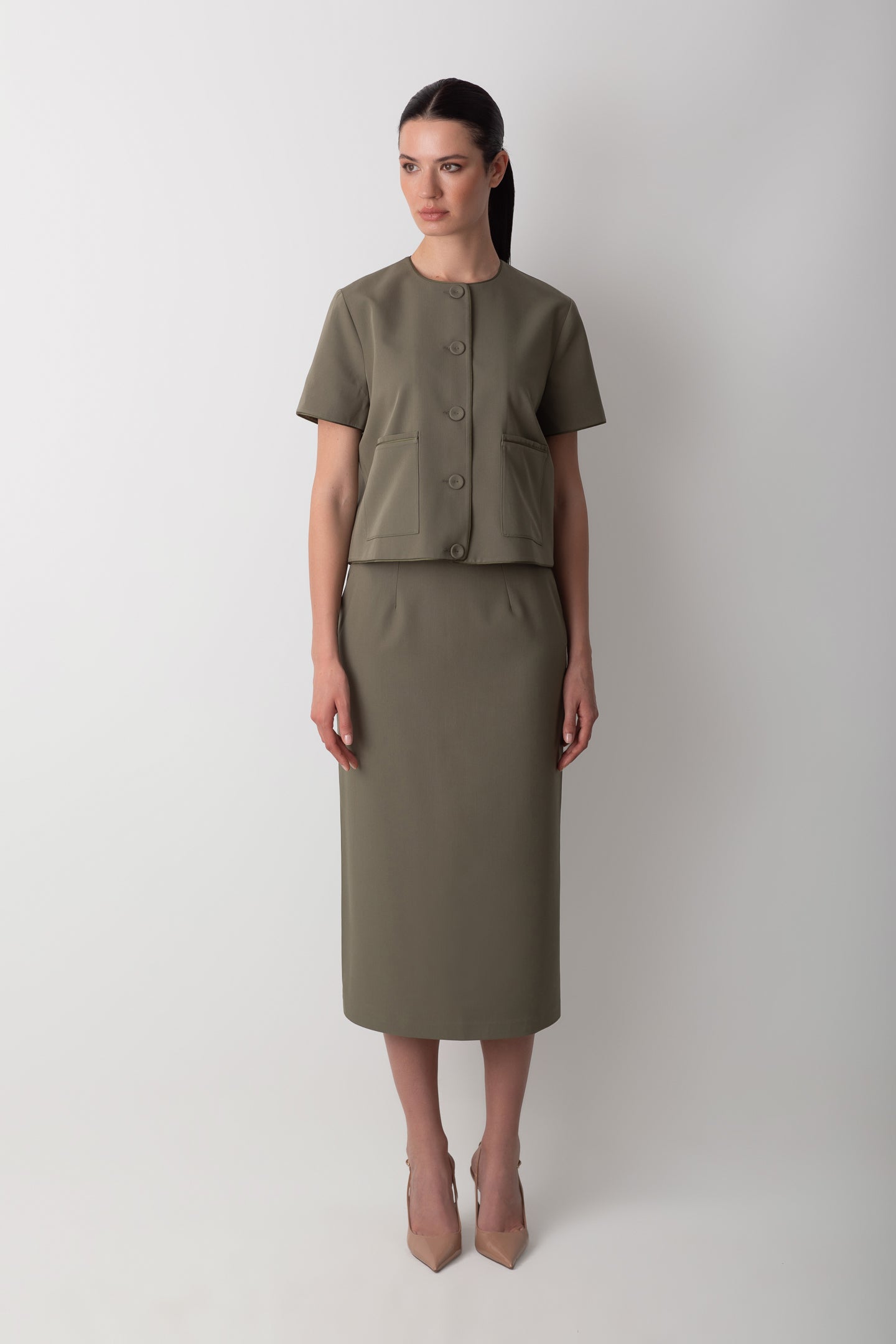 SLIT DETAILED OIL GREEN MIDI TUBE SKIRT