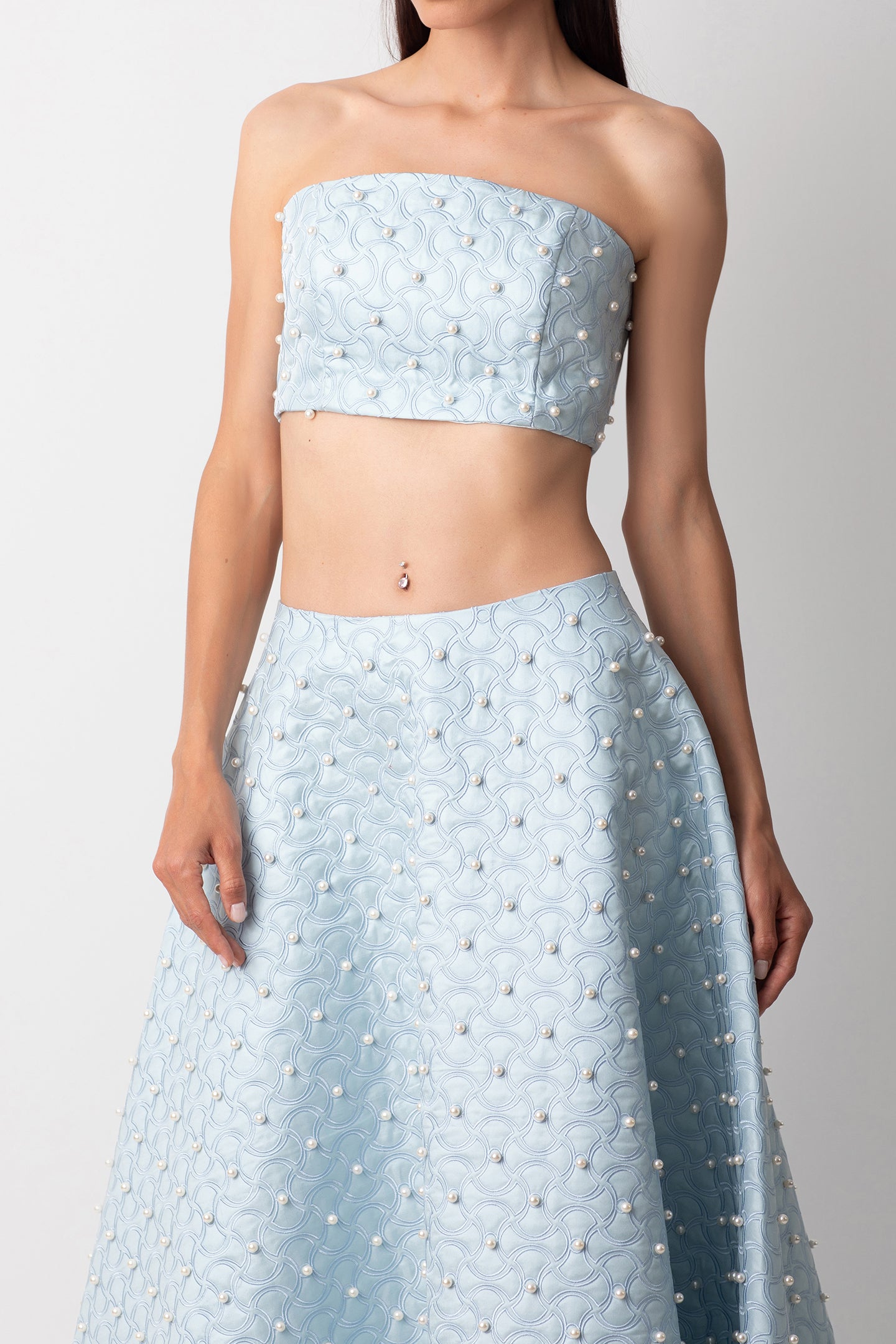 SHANTUNG STRAPLESS BLUE BUSTIER WITH PEARLS