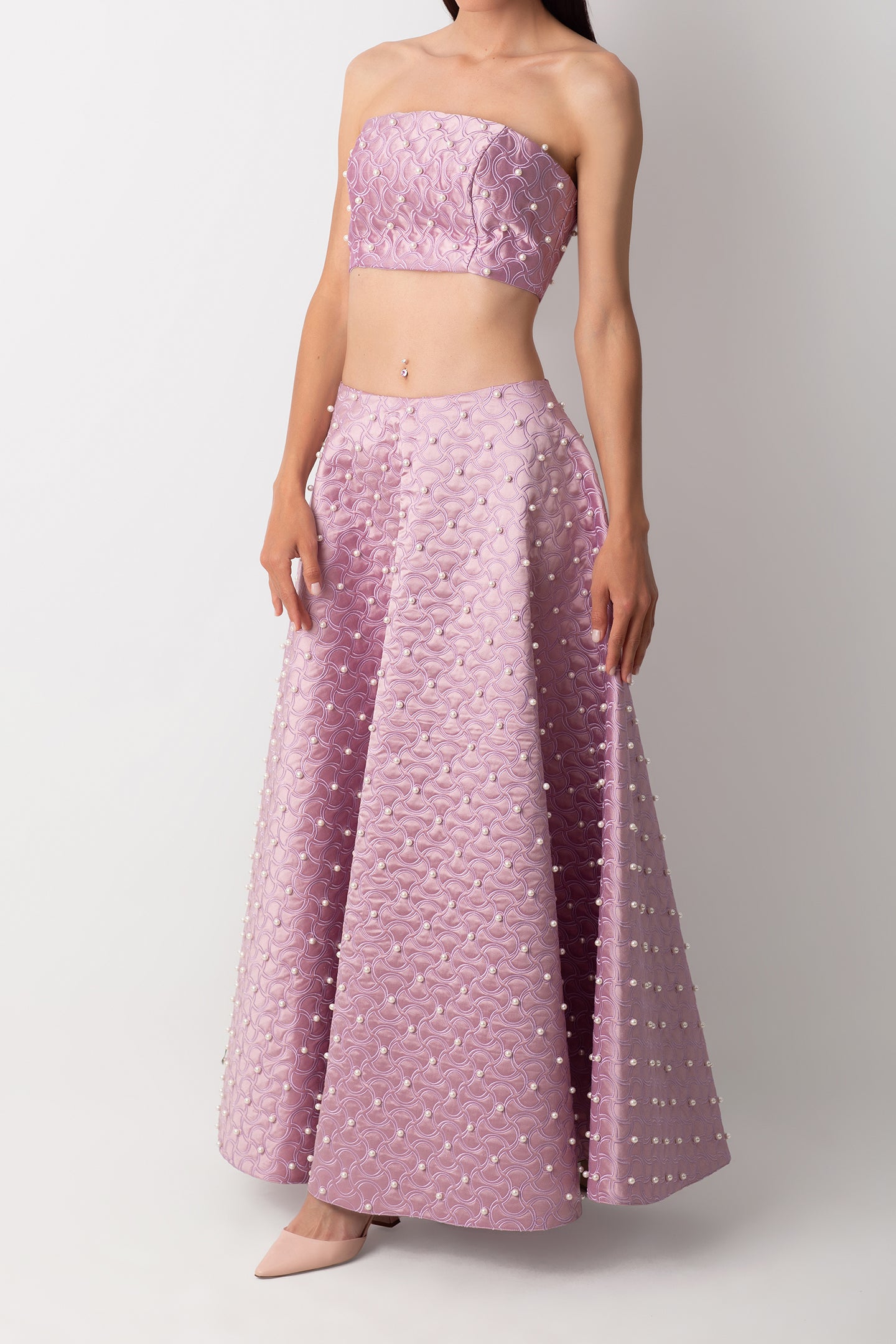 SHANTUNG STRAPLESS PURPLE BUSTIER WITH PEARLS