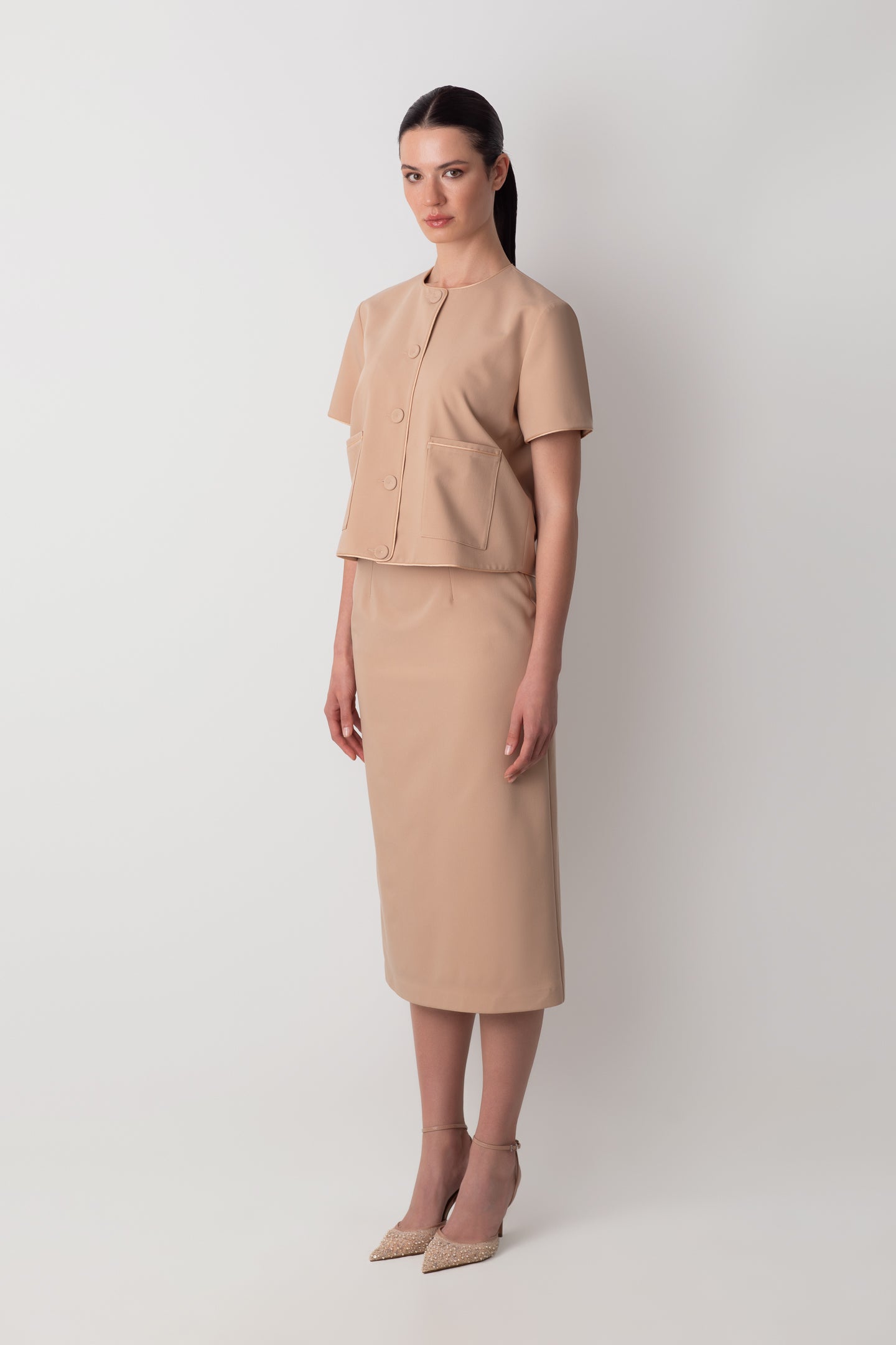SLIT DETAILED WHITE COFFEE MIDI TUBE SKIRT