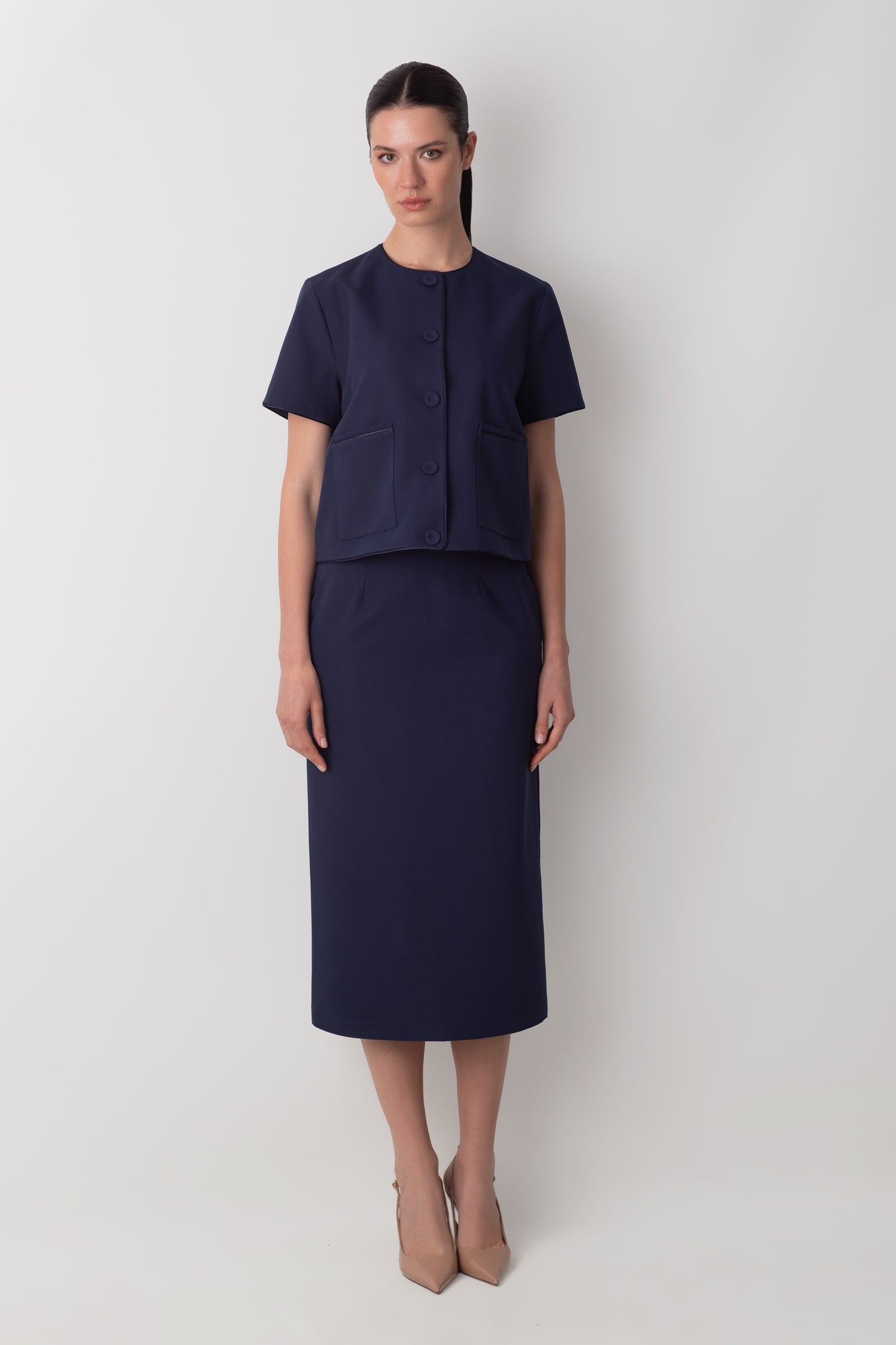SLIT DETAILED NAVY BLUE MIDI TUBE SKIRT