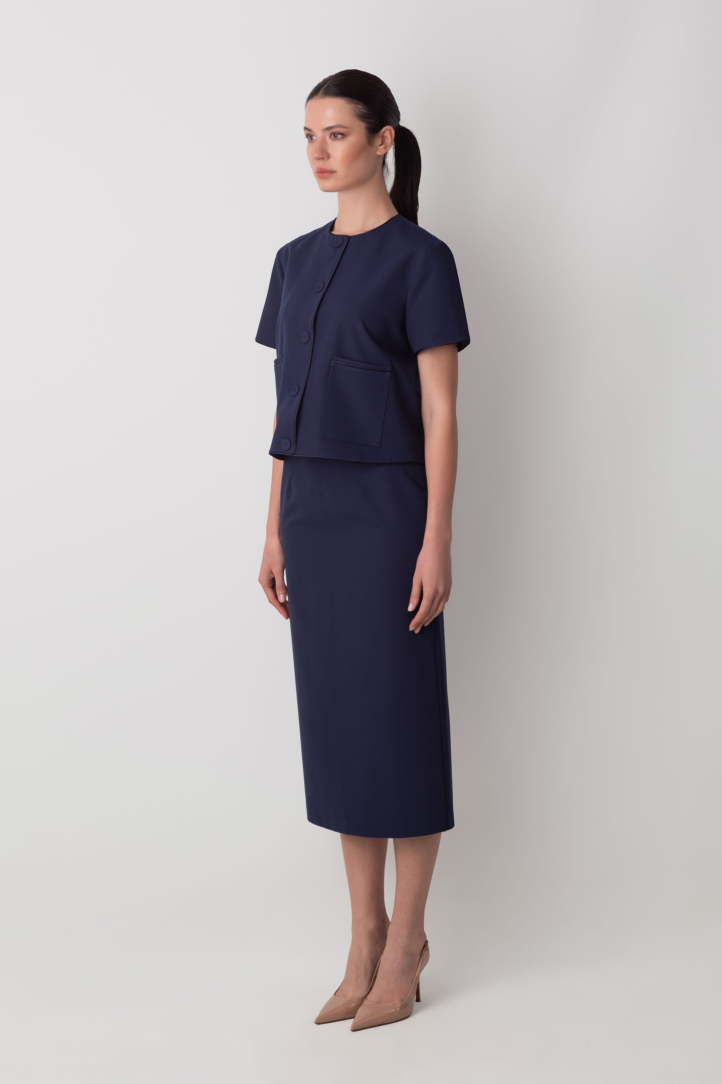 SLIT DETAILED NAVY BLUE MIDI TUBE SKIRT