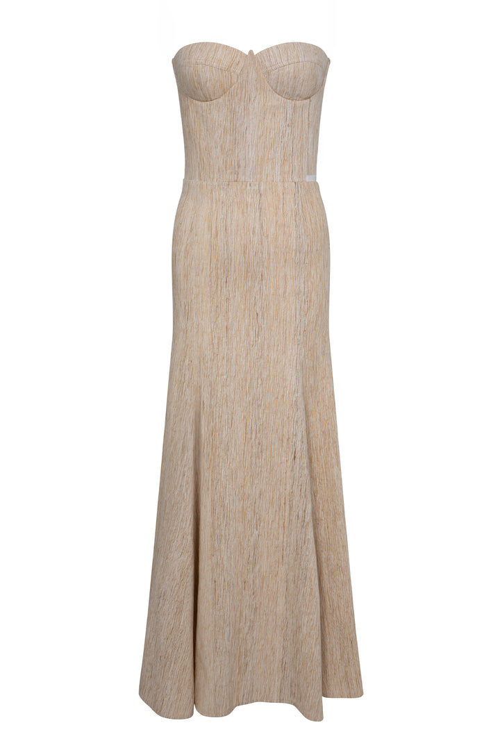 Parel logolu krem renk hint ipeği davet elbisesi