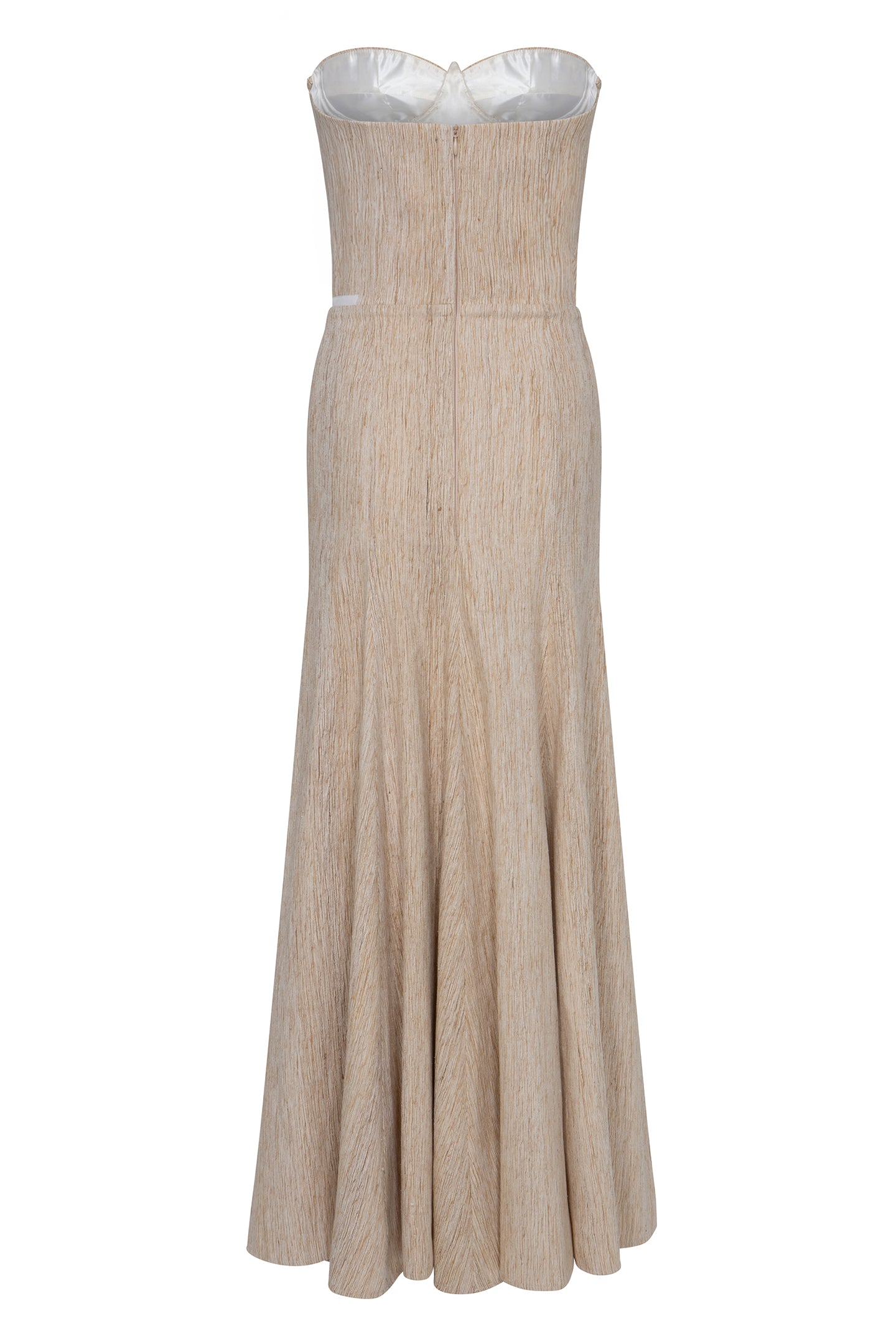 Parel logolu krem renk hint ipeği davet elbisesi