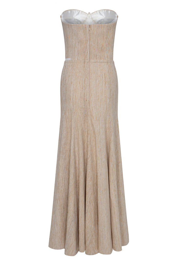 Parel logolu krem renk hint ipeği davet elbisesi