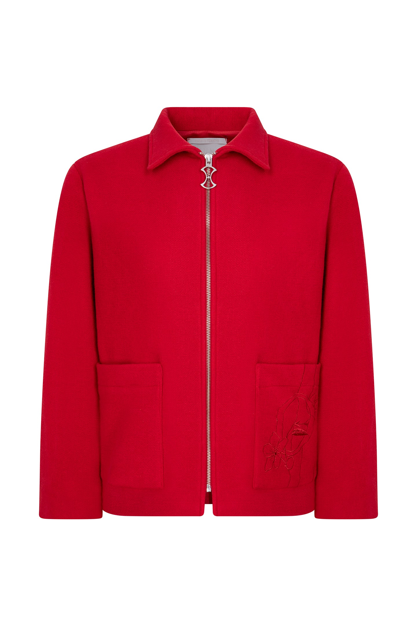 SCARLET WOOL JACKET WITH PAREL EMBROIDERY