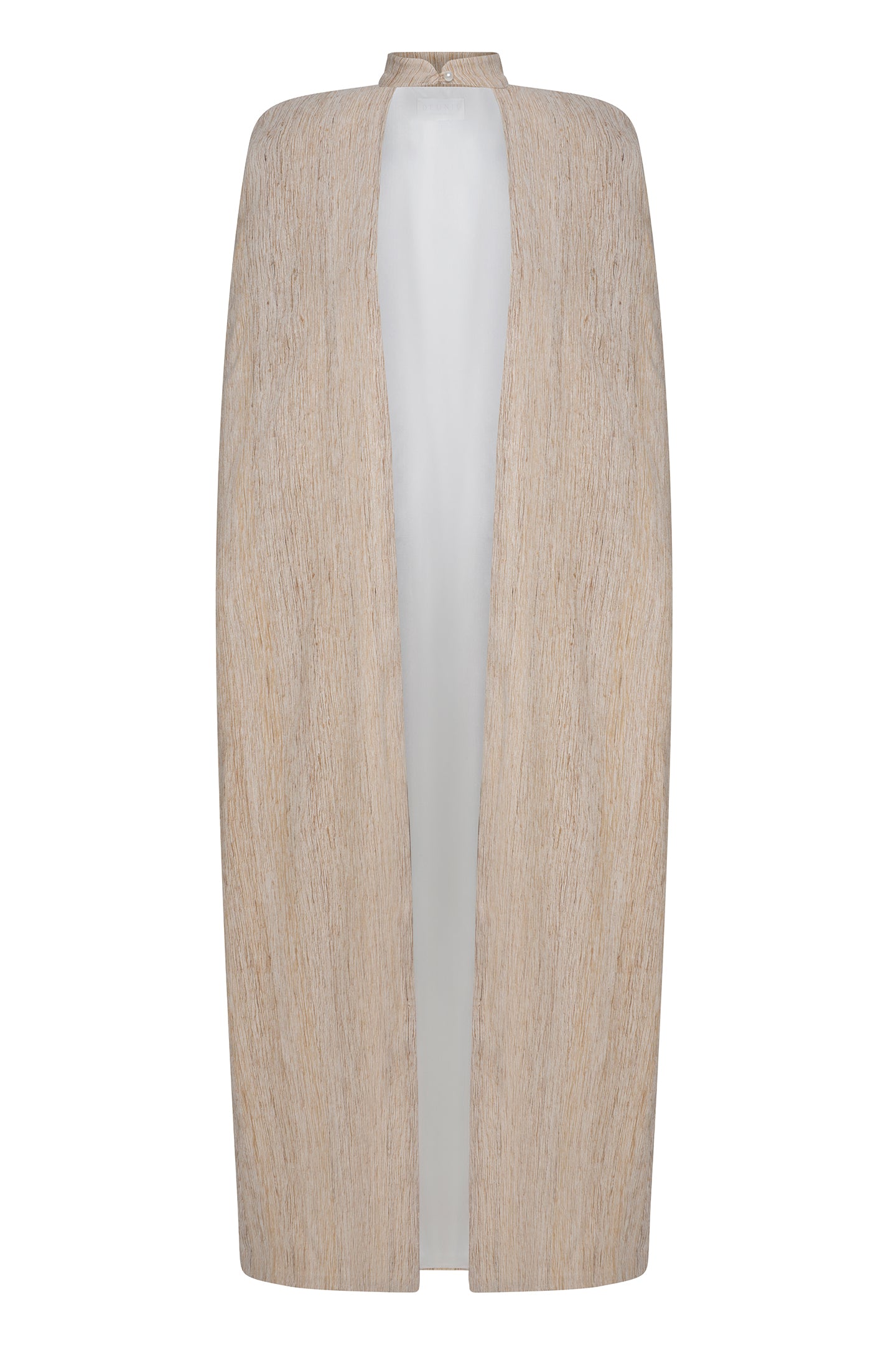 Parel logolu krem renk hint ipeği davet elbisesinin zarif pelerini